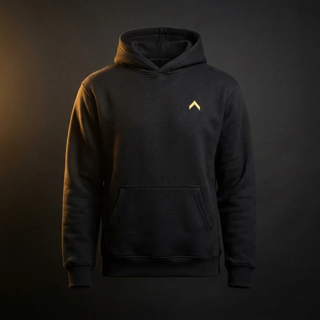 Black pullover hoodie with a small gold emblem on the chest