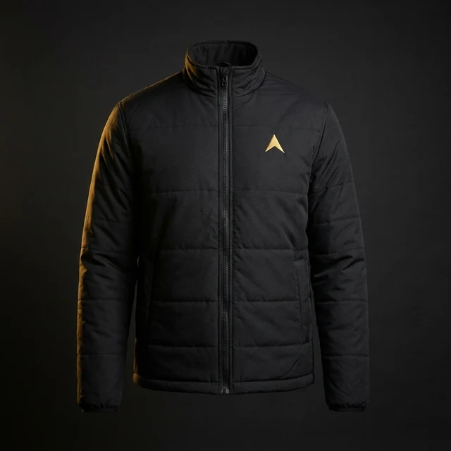 Black insulated work jacket with a small gold emblem on the chest