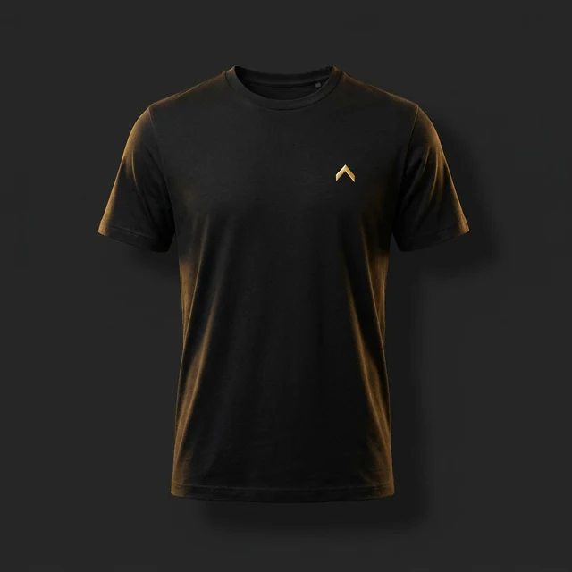 Black crew-neck team tee with a small gold emblem on the chest