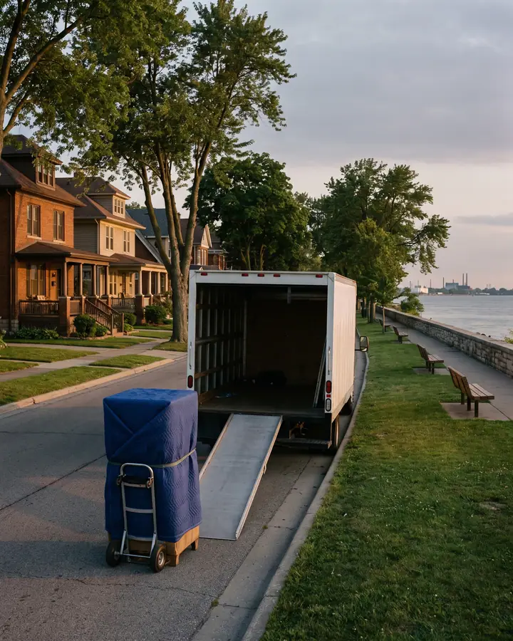 Golden evening light on a street of early-1900s brick foursquares with deep porches beside a riverfront promenade with benches and a stone seawall; a white box truck is parked at the curb with its ramp down and a blanket-wrapped piece strapped to a hand truck waits on the pavement, the river and a far industrial shore behind