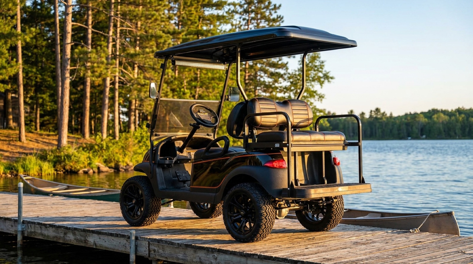 Custom-built Alpha Carts golf cart on a Higgins Lake dock at golden hour