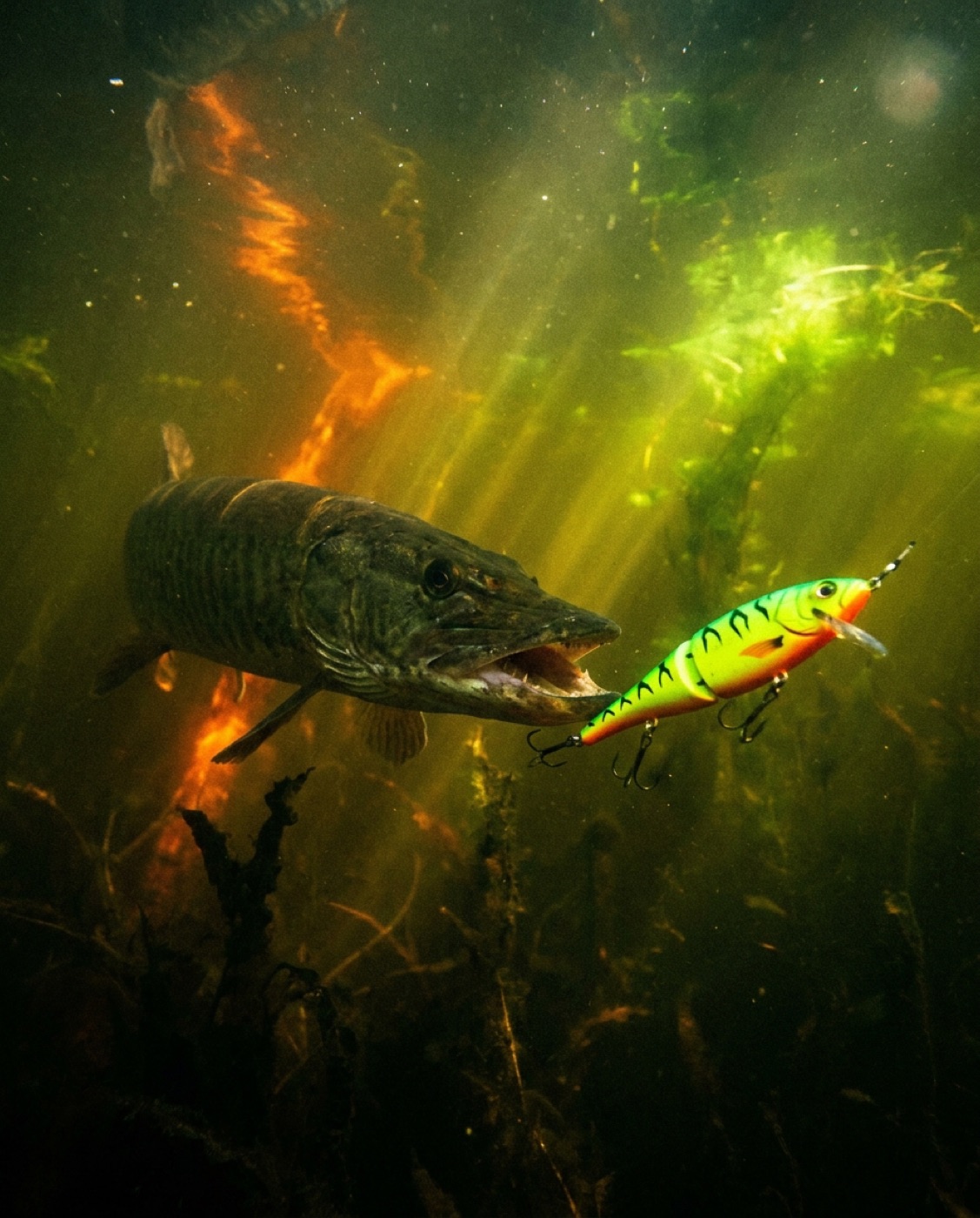 Concept shot of a muskellunge charging a firetiger glide bait underwater