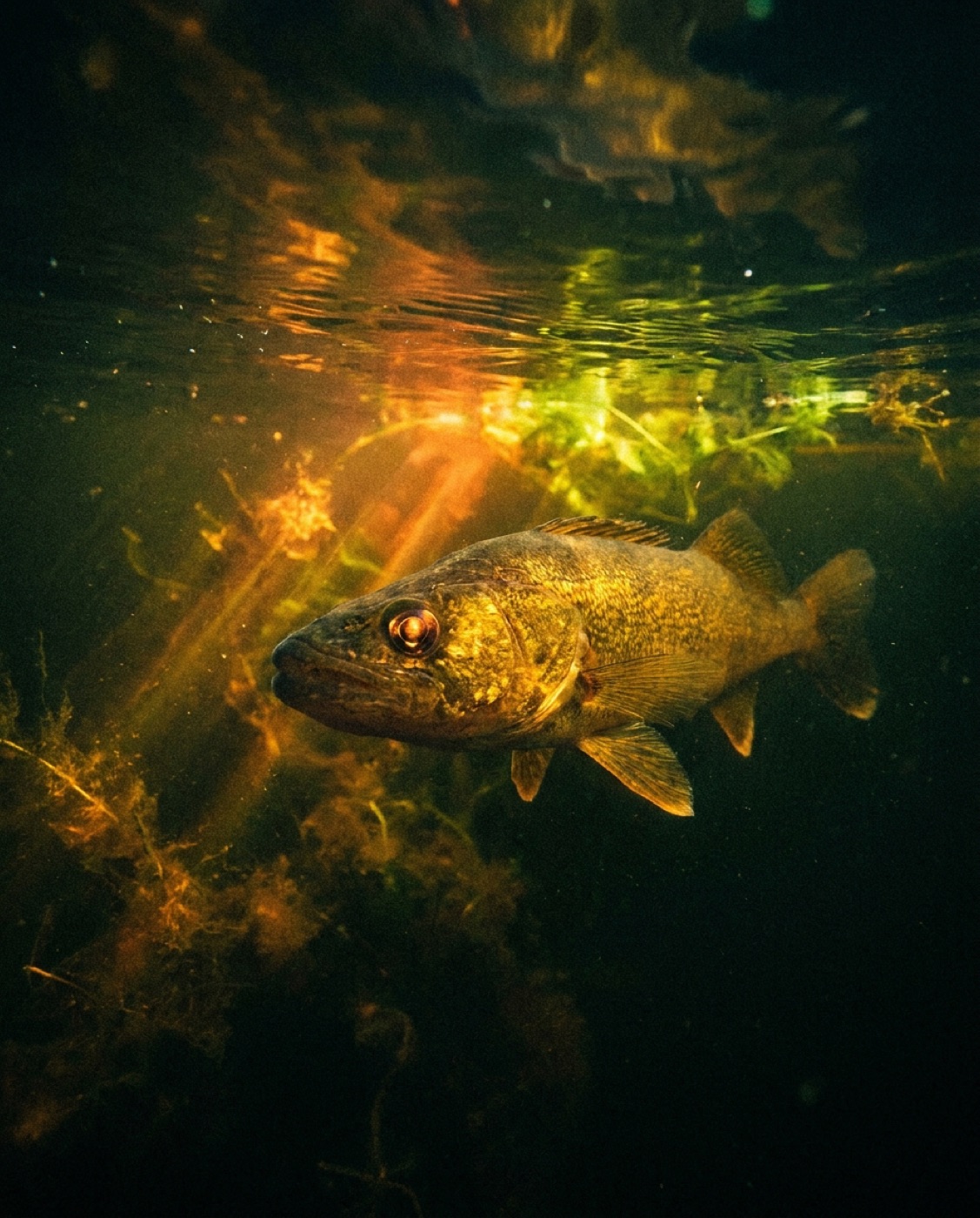 Concept shot of a golden walleye under the surface in amber dusk light