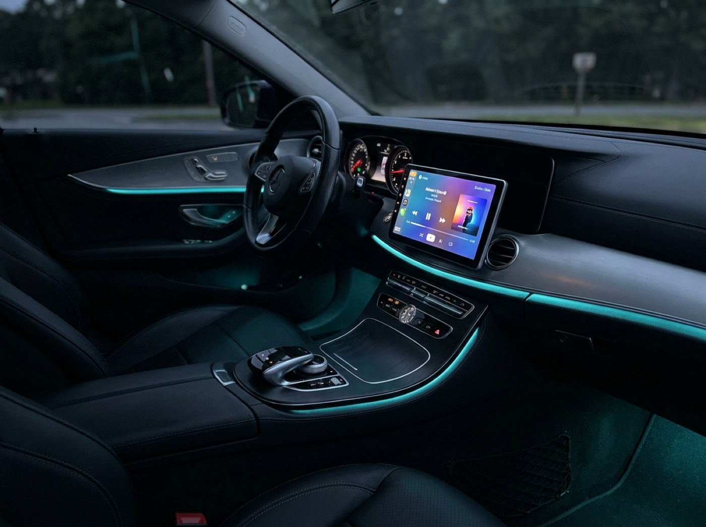 Car dashboard after a Soundwaves upgrade: glowing touchscreen and teal ambient lighting