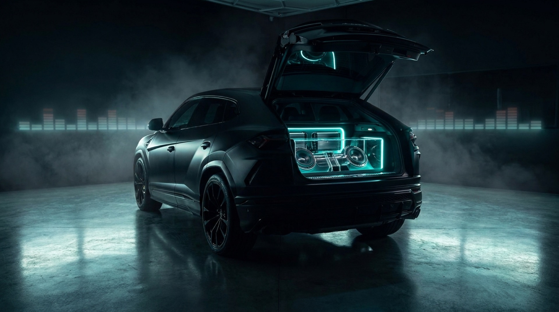 Custom car audio system with glowing teal LED-lit subwoofers and amplifiers installed by Soundwaves